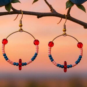 Afternoon Glow: Handmade Hoop Earrings with Red Faux Pearls, Pink, Blue Beads.