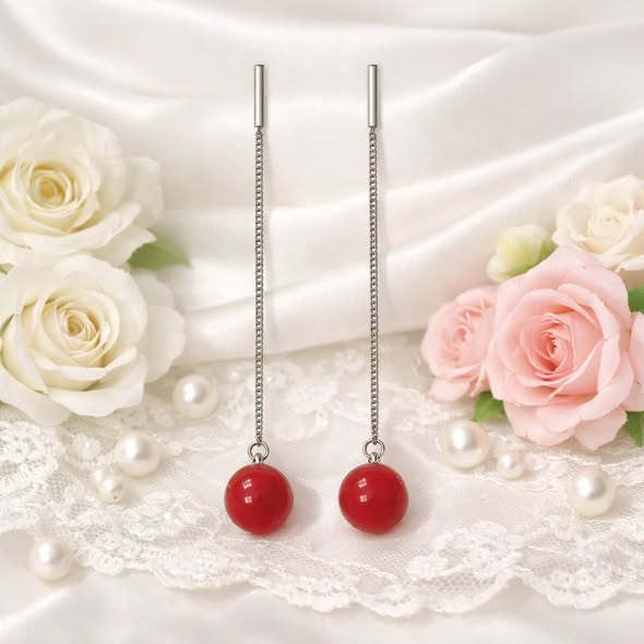 Elegant Red Carnelian Bead Lobe Threader, Sterling Silver Chain