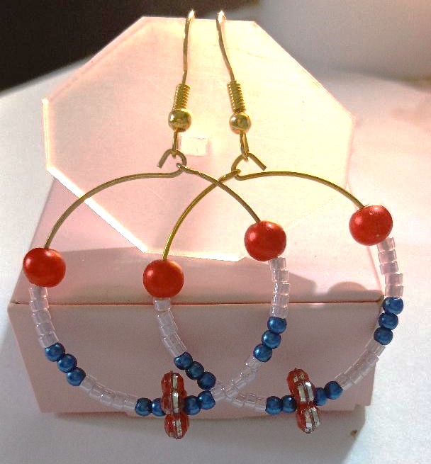 Afternoon Glow: Handmade Hoop Earrings with Red Faux Pearls, Pink, Blue Beads. - Image 3
