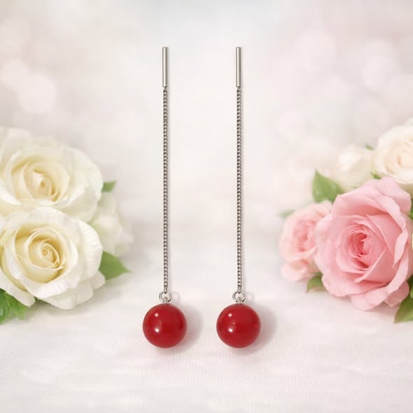 Elegant Red Carnelian Bead Lobe Threader, Sterling Silver Chain - Image 3