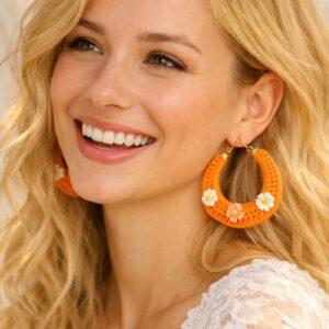 🌼 Handmade Crocheted Orange Floral Hoop Drop Earrings