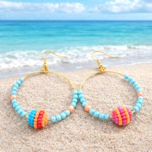 Lovely Baby Blue, Orange and Resin Bead Hoop Drop Earrings