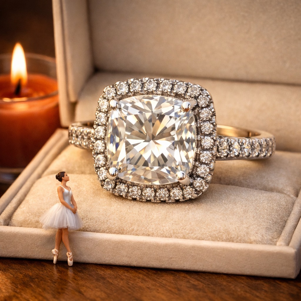 Cushion‑Cut White Crystal Sterling Silver Plated Halo Ring