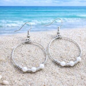 Royal Silver Tone & White Faux Pearl Bead Hoop Drop Earrings
