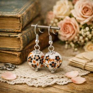 Exquisite Round Ceramic Drop Earrings with Flower Motifs