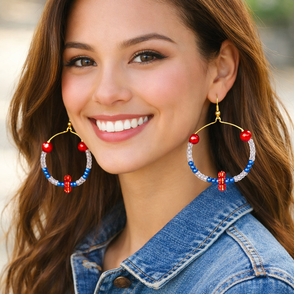 Afternoon Glow: Handmade Hoop Earrings with Red Faux Pearls, Pink, Blue Beads. - Image 2