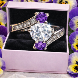 Sterling Silver Ring Oval CZ & Amethyst Accents: Sz 9 - R