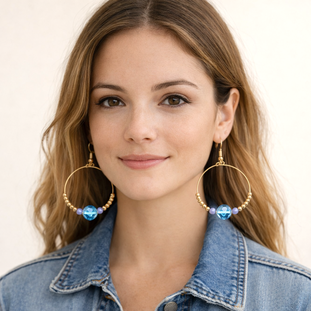 Summery Pair of Gold Tone Hoops with Gold and Sky Blue Faceted Beads