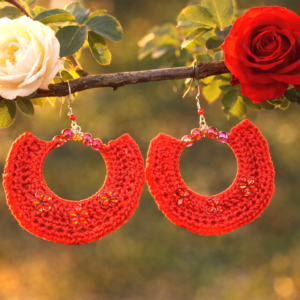 🌼 Handmade Crocheted Red & Flower Hoop Drop Earrings