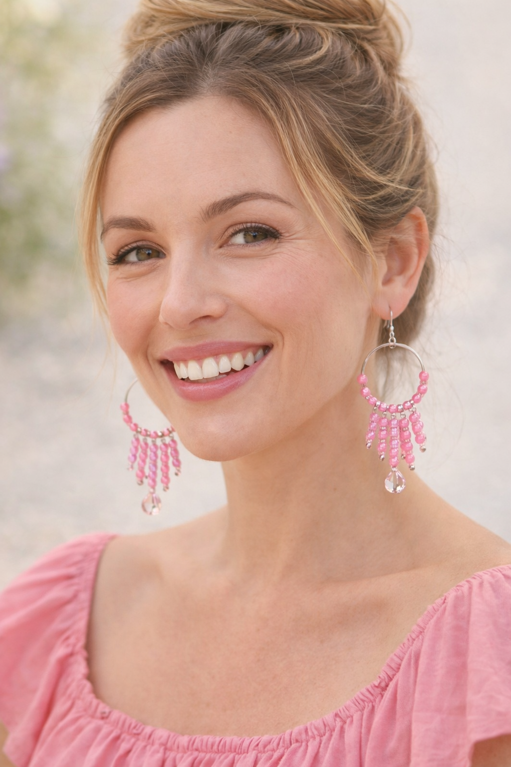 Handmade Pink Luster Faux Pearls Hoop Earrings - Image 4