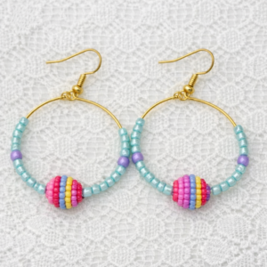 Summery Baby blue and Striped Bead Hoop Drop Earrings