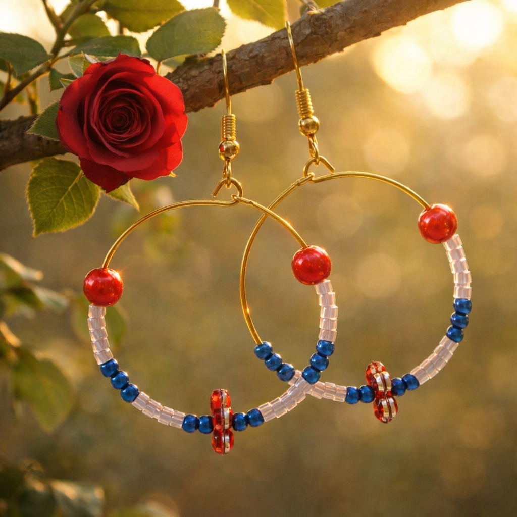 Afternoon Glow: Handmade Hoop Earrings with Red Faux Pearls, Pink, Blue Beads.