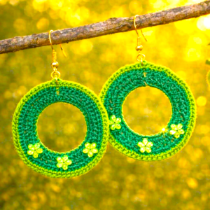 🌼 Handmade Crocheted Green & Light Green Floral Hoop Drop Earrings