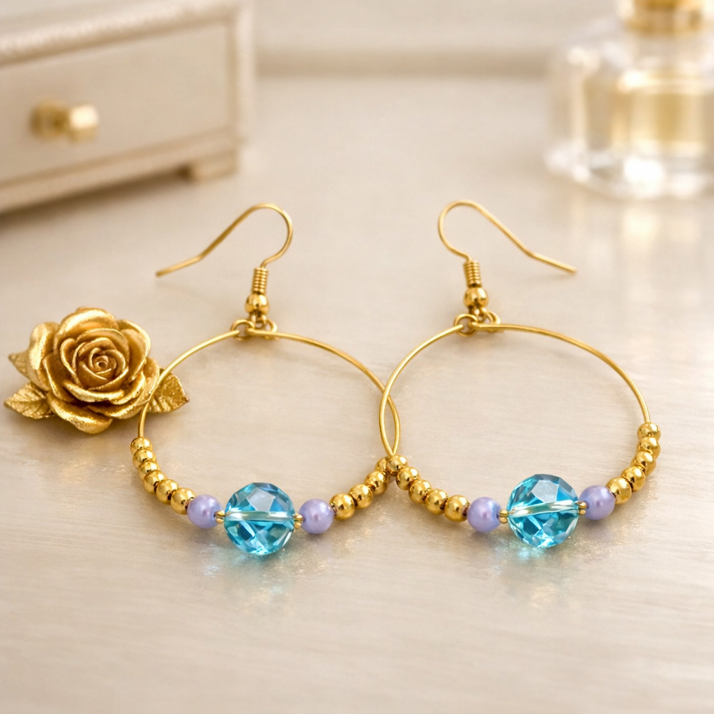 Summery Pair of Gold Tone Hoops with Gold and Sky Blue Faceted Beads - Image 3
