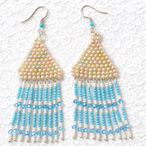 Handmade Beaded Fringe Earrings – Pastel Pearl & Turquoise