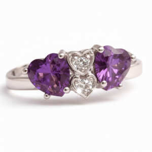 Gorgeous Silver Four Heart Gemstone Ring – Purple Amethyst & Clear Cubic Zirconia Hearts 