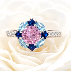 Halo Design Pink Topaz, Blue & Dark Blue Topaz SP Ring