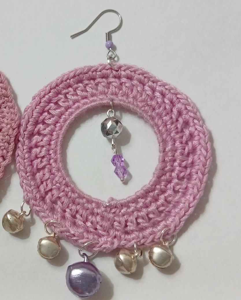 Handmade Pink Crocheted Hoop Earrings – Beaded Bell Dangle - Image 2