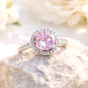 Elegant Pink Topaz & White Topaz Halo 925 Silver Ring