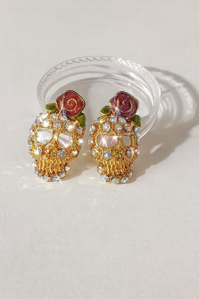 Halloween Gold Skull Stud Earrings 2cm x 1.2cm - Image 2