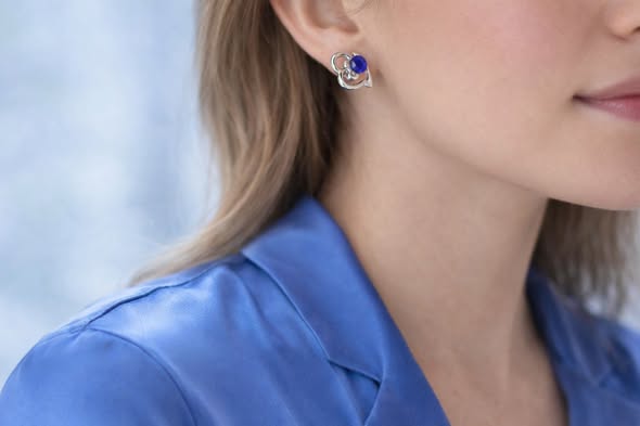 Superb Silver Plated Heart with Blue Gemstones Stud Earrings - Image 2