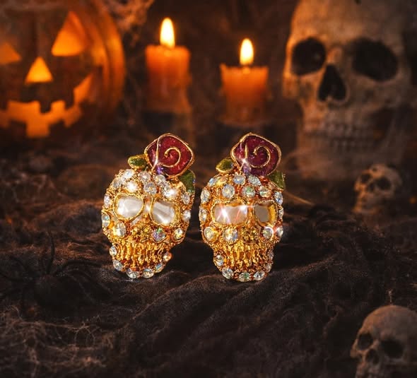 Halloween Gold Skull Stud Earrings 2cm x 1.2cm - Image 5