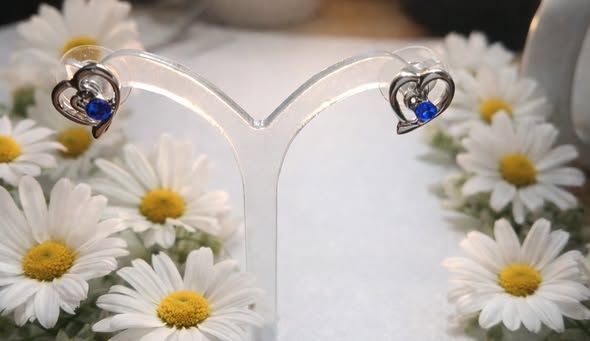 Superb Silver Plated Heart with Blue Gemstones Stud Earrings - Image 3