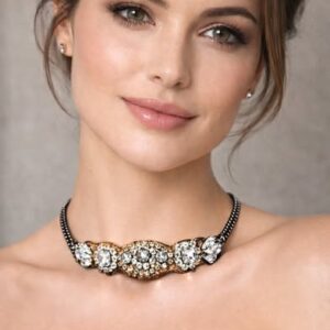 Vintage Leather Choker Necklace with Clear Rhinestone Gemstones