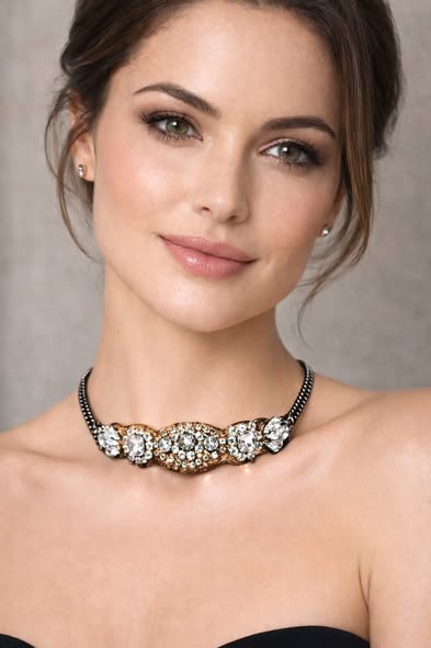 Vintage Leather Choker Necklace with Clear Rhinestone Gemstones