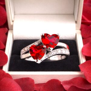Romantic Silver Plated Double Heart Red Crystal Ring