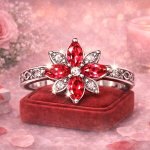 🌹 Amazing Sterling Silver Red Zircon Floral Ring