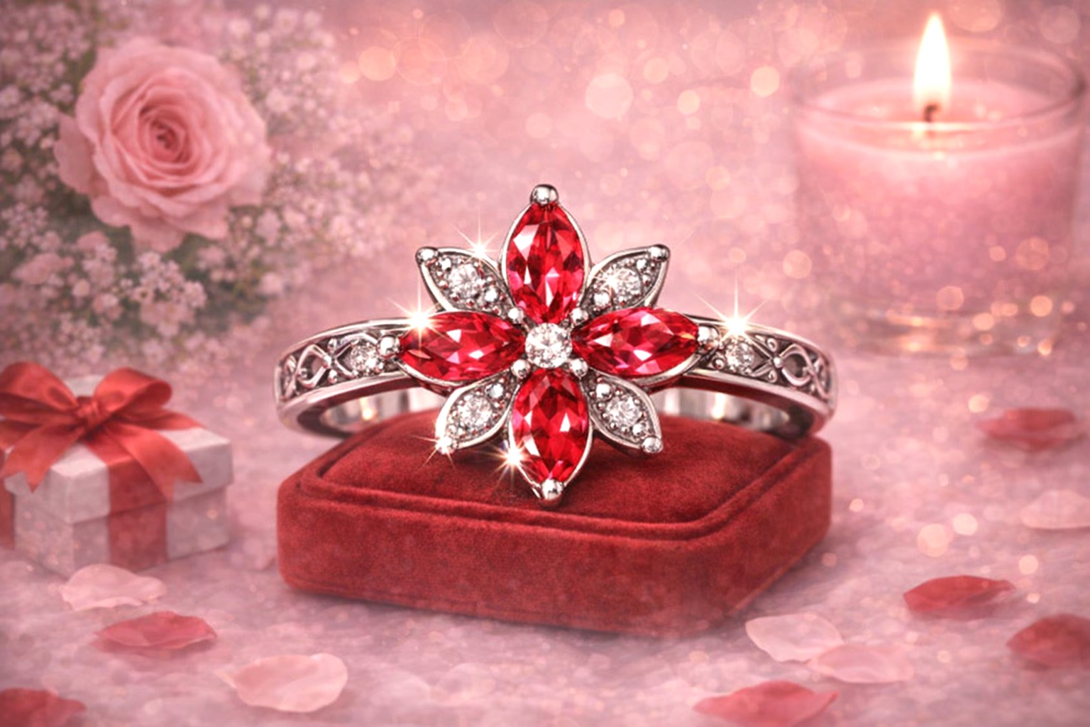 Amazing Sterling Silver Red Zircon & Cubic Zirconia Floral Ring