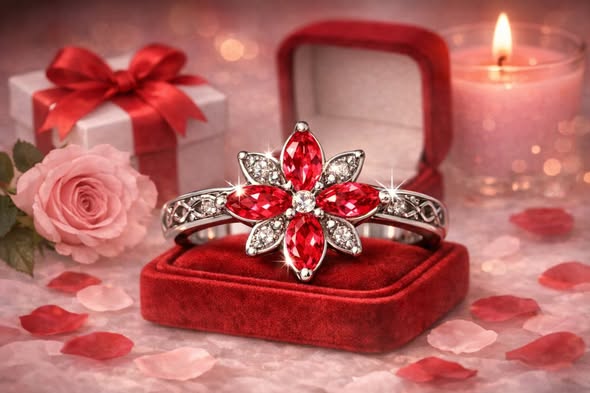 Amazing Sterling Silver Red Zircon & Cubic Zirconia Floral Ring - Image 2