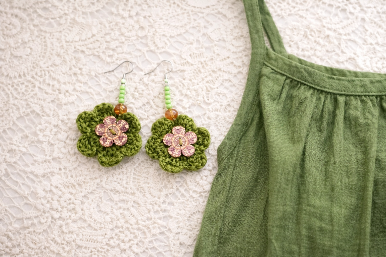 Handmade Green Crocheted Button Flower Earrings – Boutique Design - Image 3