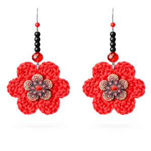 Handmade Red Crocheted Button Flower Earrings,Boutique Style