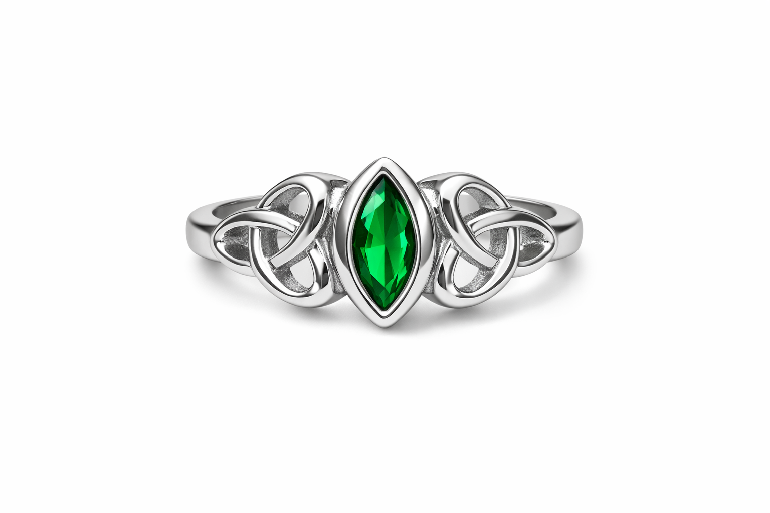 Marquise Green Gemstone Celtic Knot Silver Plated Ring