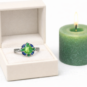  925 Silver Green Peridot & Blue Topaz Halo Striated Ring