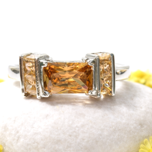 Amazing Emerald Cut Three Stone Topaz & Cubic Zirconia Gemstone Ring