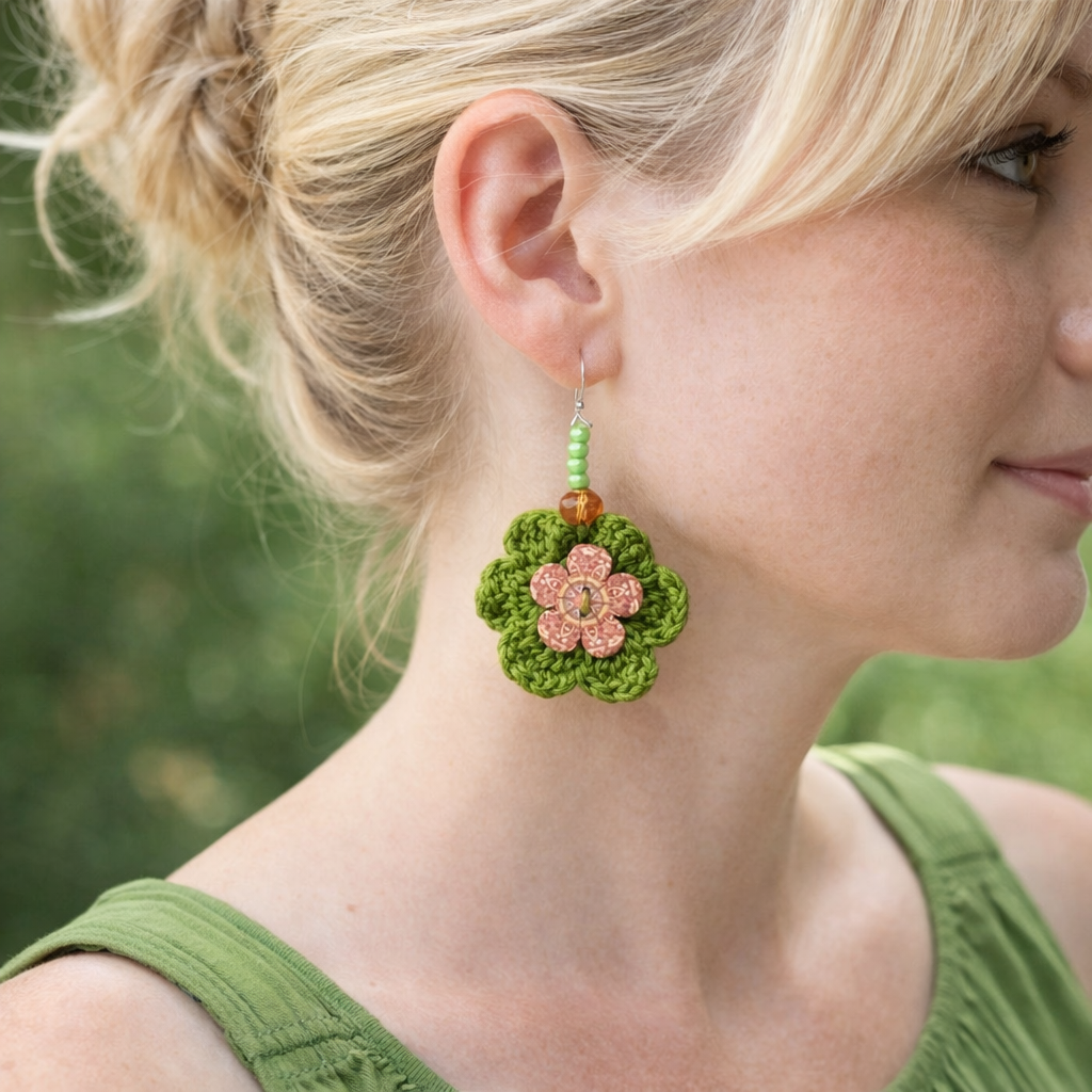 Handmade Green Crocheted Button Flower Earrings – Boutique Design - Image 2