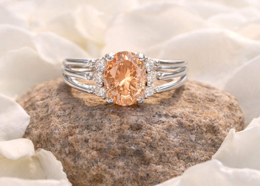Stunning Oval‑Cut Brown Topaz & Cubic Zirconia 925 Silver Ring