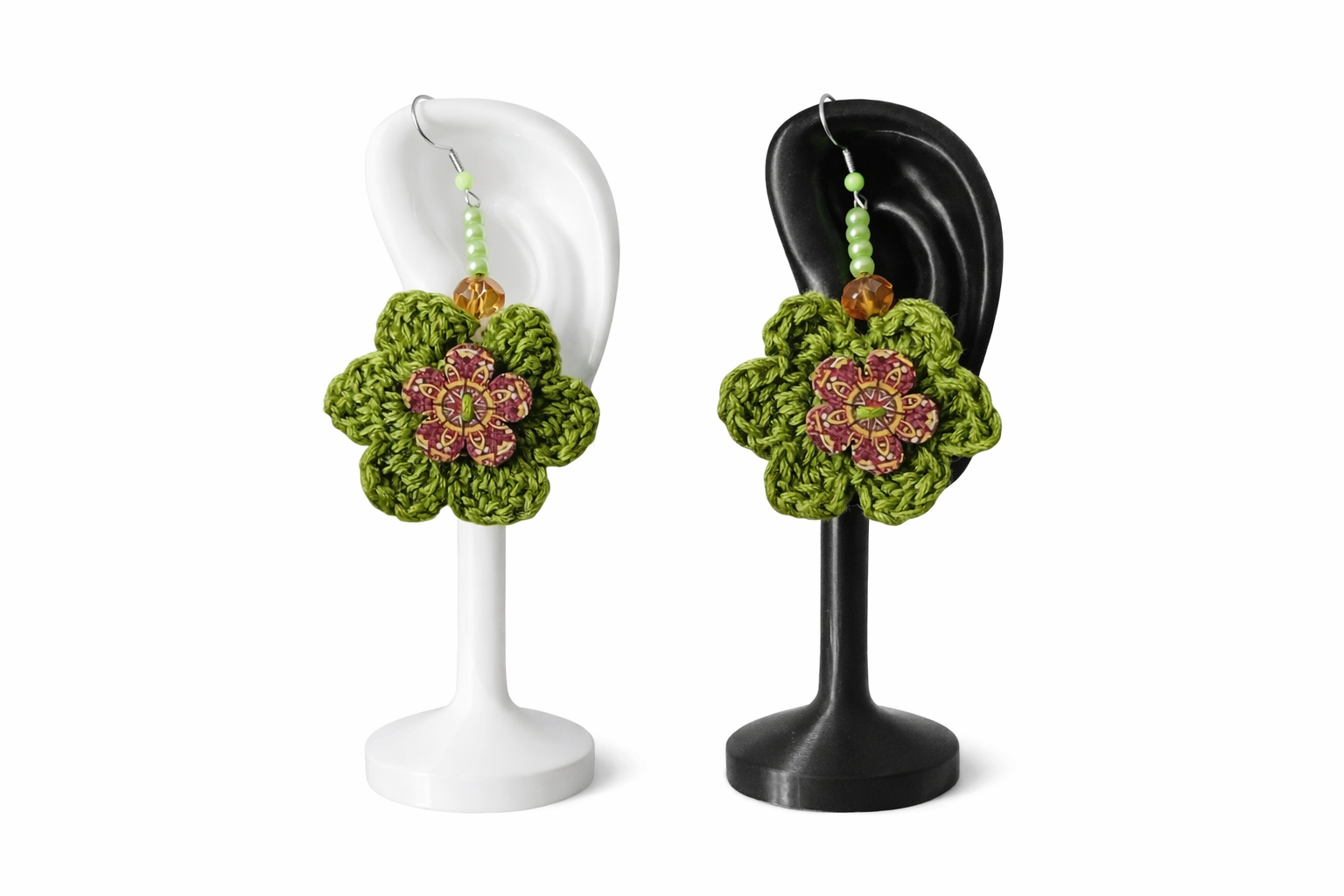 Handmade Green Crocheted Button Flower Earrings – Boutique Design - Image 4