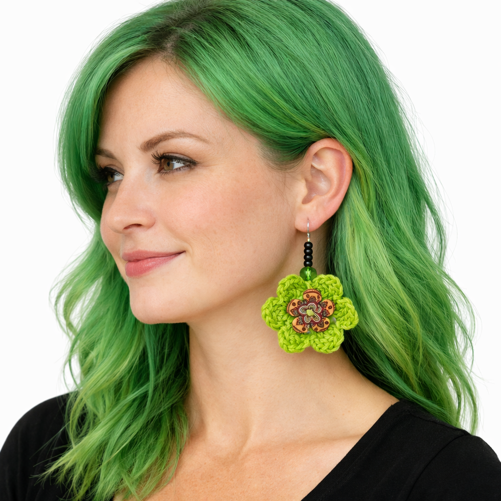 Handmade Green Crocheted Button Flower Earrings – Boutique Design - Image 2