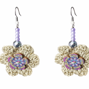 Handmade Greige Crocheted Button Flower Earrings,Boutique Style
