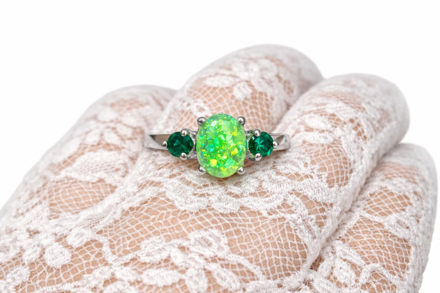 Elegant Silver Ring 925 Bright Green Opal & Green Topaz Stones