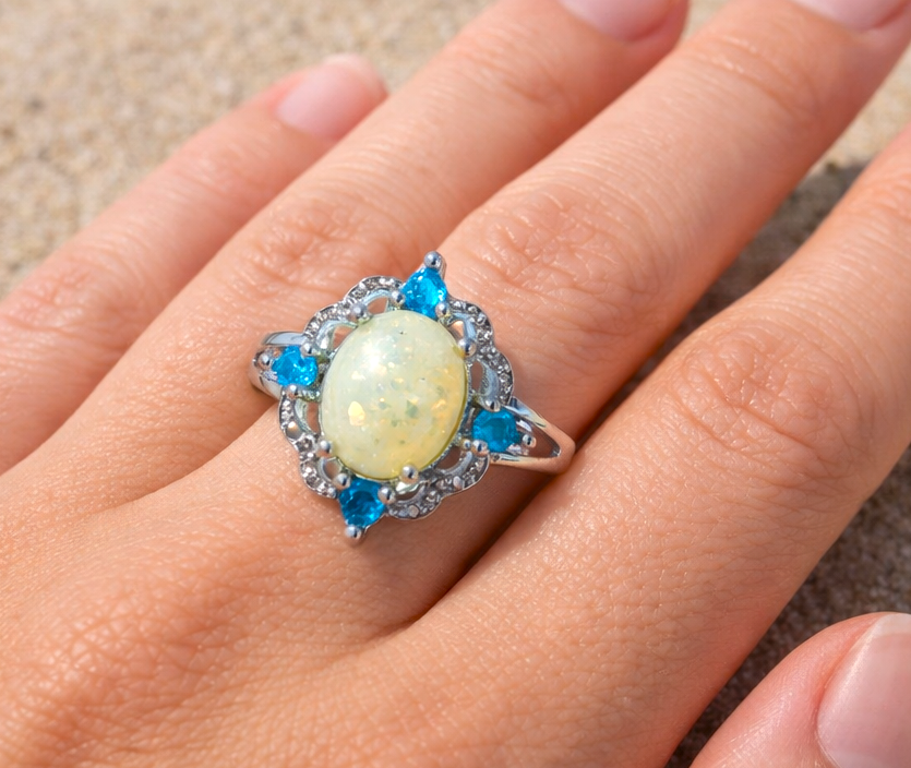 Elegant Sterling Silver Opal & Blue Gemstone 925 Ring - Image 2