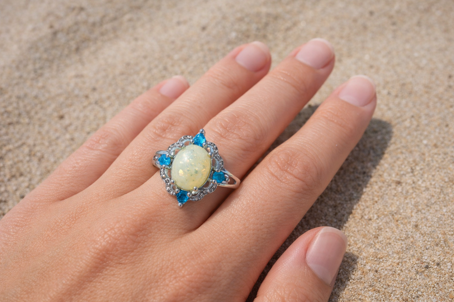 Elegant Sterling Silver Opal & Blue Gemstone 925 Ring - Image 4