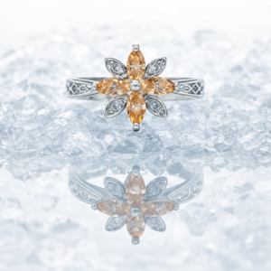 White Gold Plated Floral Filigree Ring Brown Topaz & Clear CZ Gems