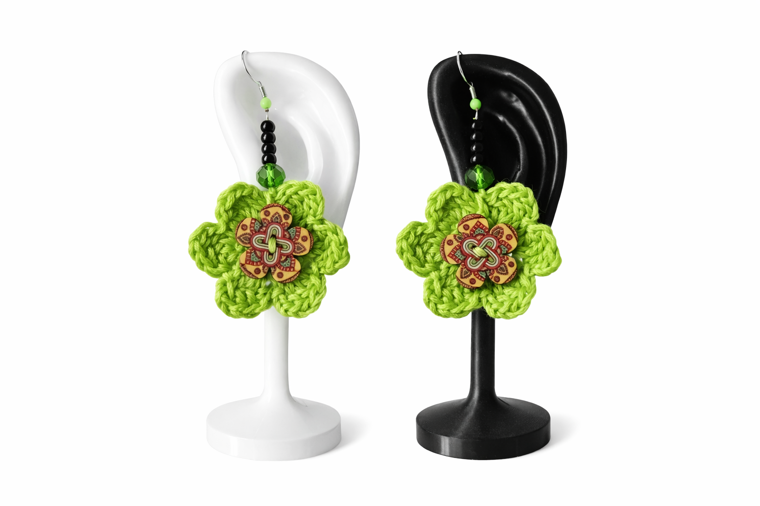 Handmade Green Crocheted Button Flower Earrings – Boutique Design