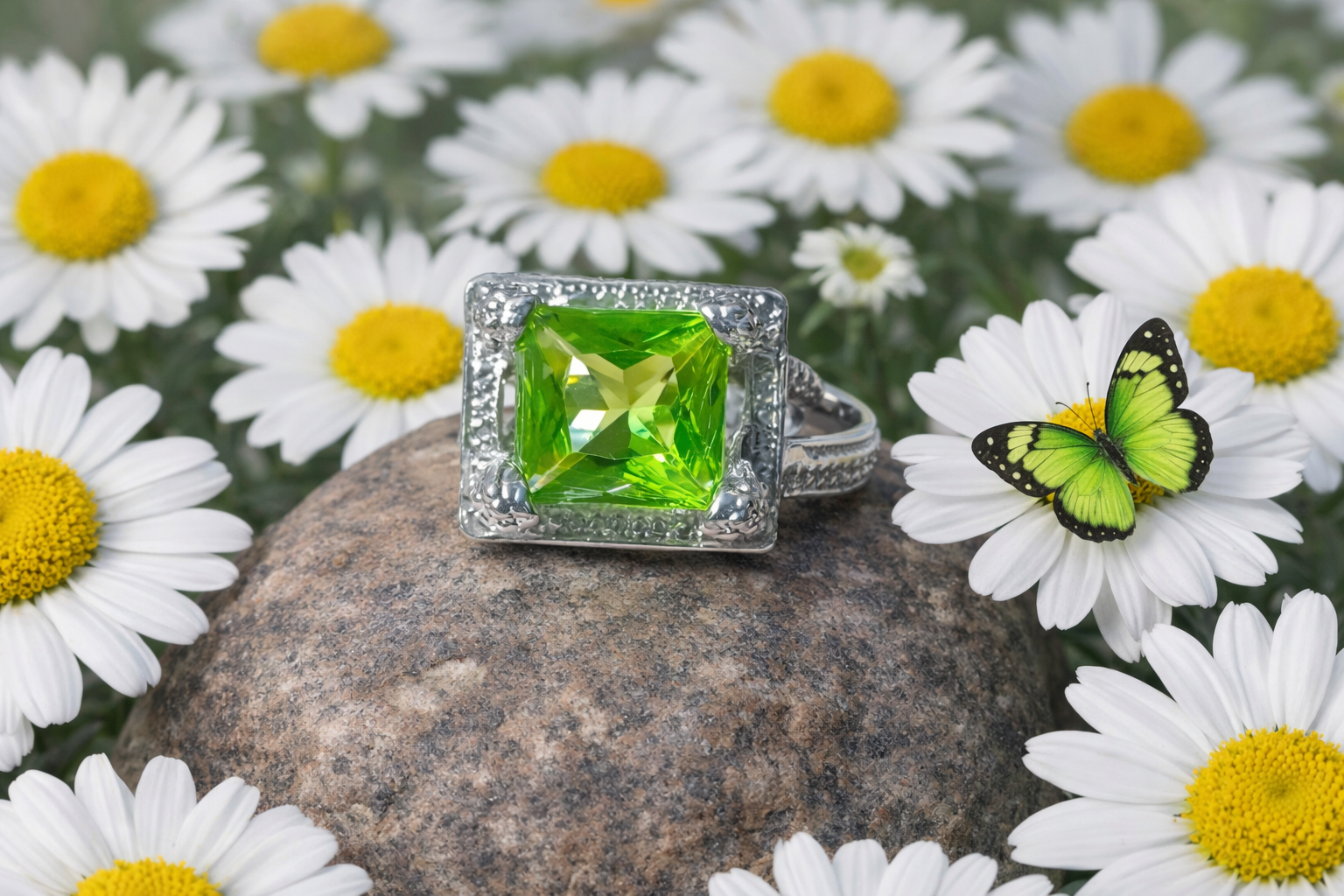 Bold Silver Plated Green Crystal Gemstone Ring Vintage Style - Image 2