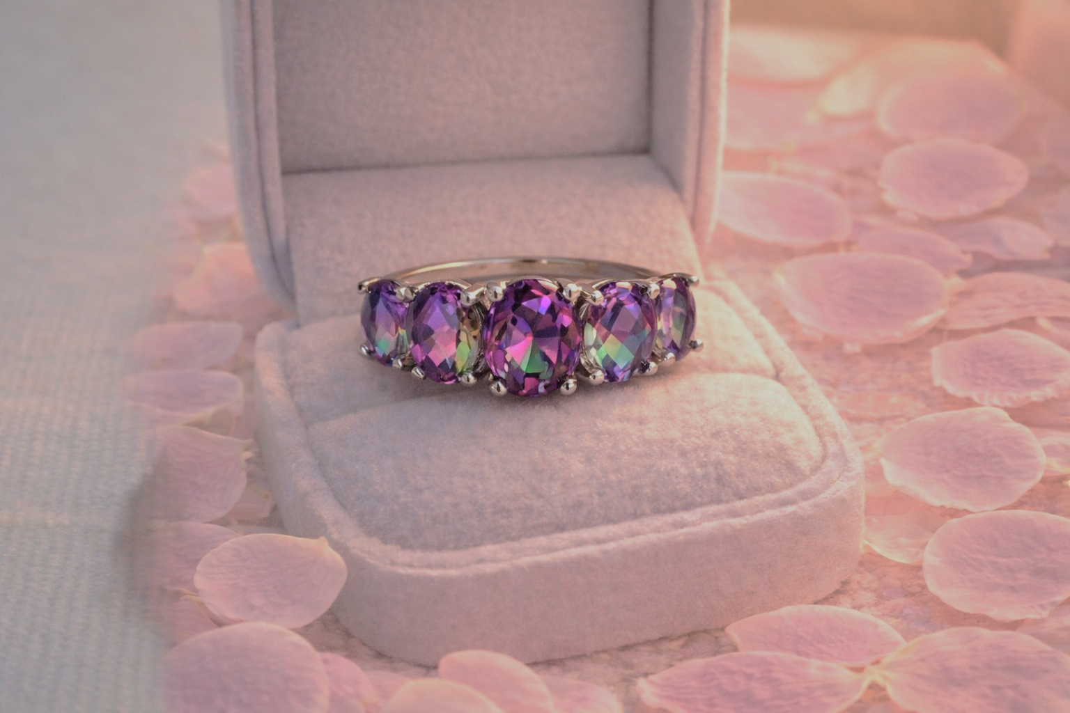 Gorgeous Sterling Silver Ring with 5 Descending Oval Multicoloured Topaz.